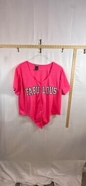 Belle Tweed 2X Hot Pink Baseball Jersey Shirt Womens Fabulous Crop Tie Hem Plus